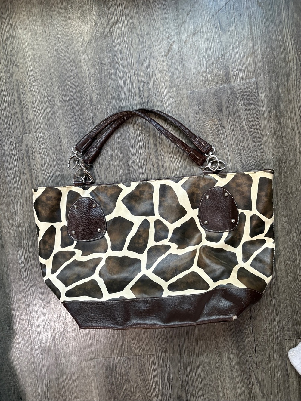 Giraffe Print Brown Tote Bag with Dark Brown Trim